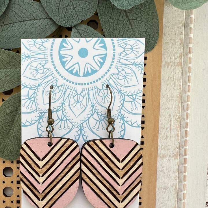Boho pink hand painted lightweight wood earrings for wholesale by Seasideblooms