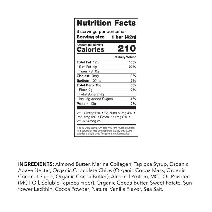 Kalumi BEAUTYfood - Wholesale Snack Bar - Almond Butter Chocolate Chip Collagen Protein Bar (9 Bars)1