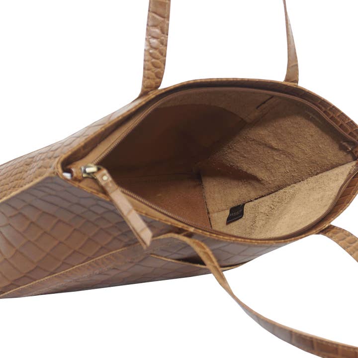 Assots London - Wholesale Tote Bag - Women's - 'AGNES' Tan Vintage Croc Real Leather Designer Tote Bag8