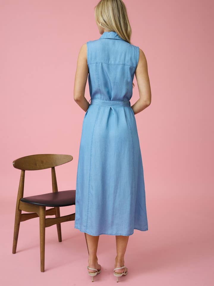 COLLARED SLEEVELESS BELTED CHAMBRAY MIDI DRESS for wholesale on Faire