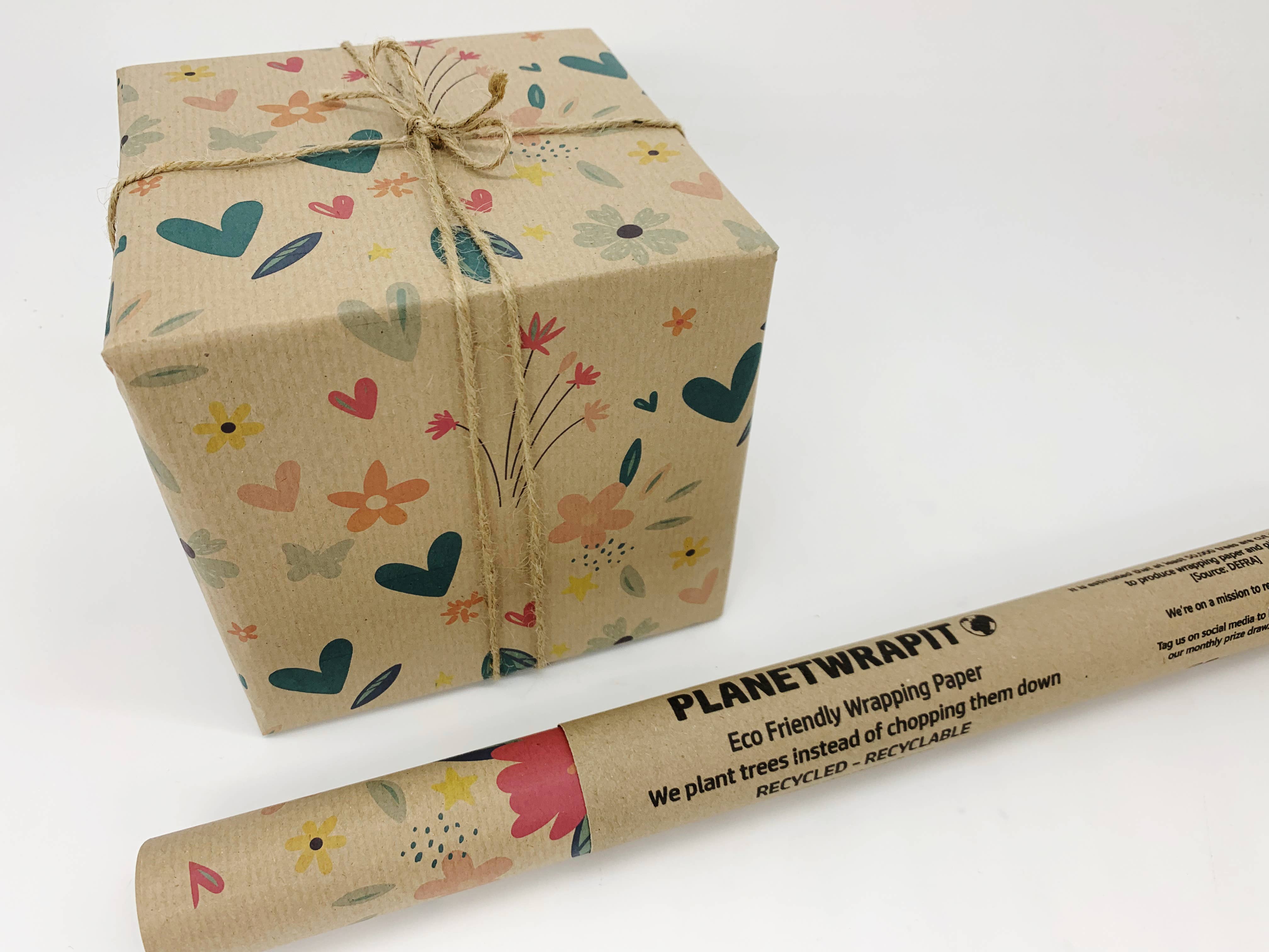 PlanetWrapIt - Vente Rouleau de papier cadeau - Papier cadeau écologique kraft recyclé motif fleurs de printemps1