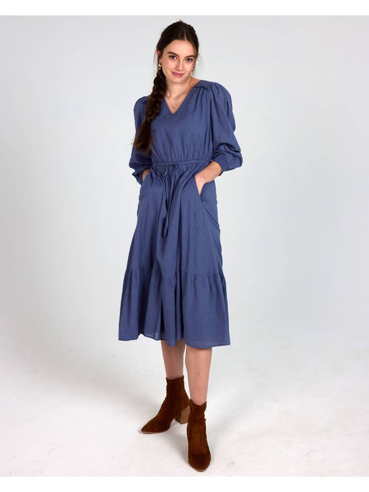 Cassidy Long Sleeve V-Neck Midi-Length Indigo Dress for wholesale on Faire