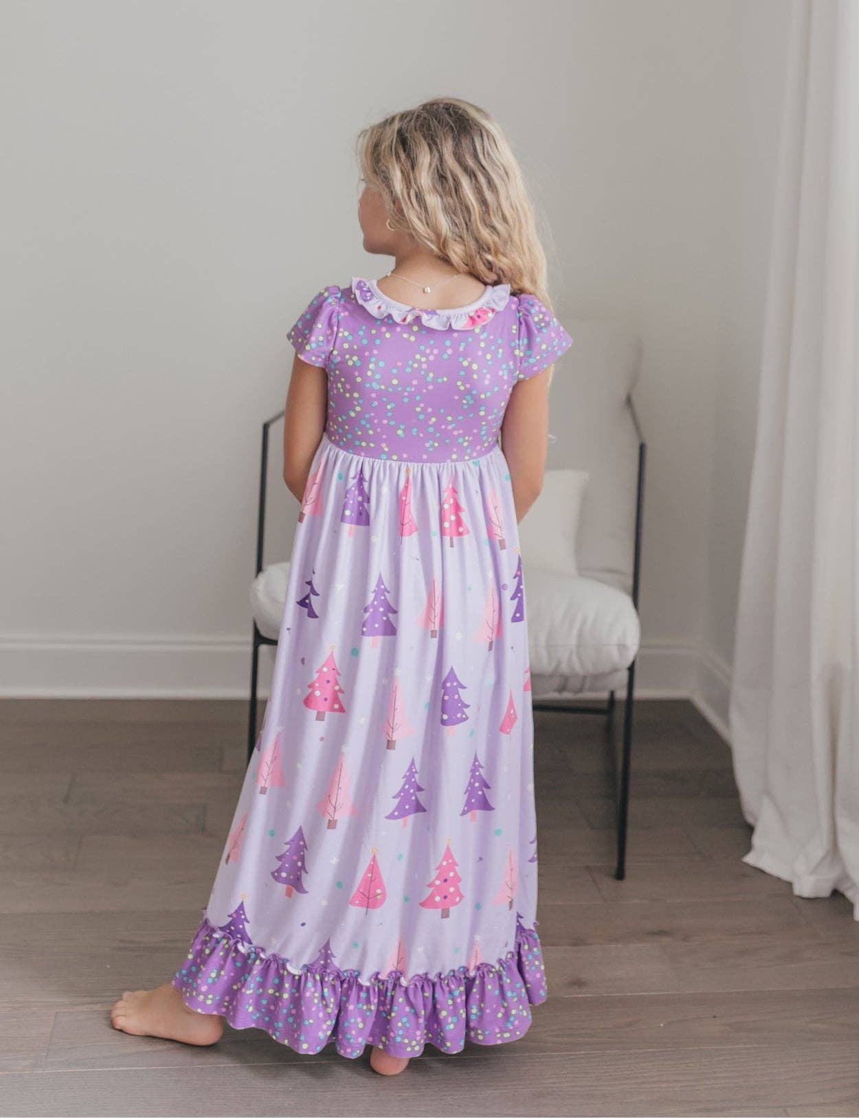 Oopsie Daisy - Wholesale Nightdress - Kids - Girls Purple Christmas Tree Holiday Ruffle Lounge Play Gown6
