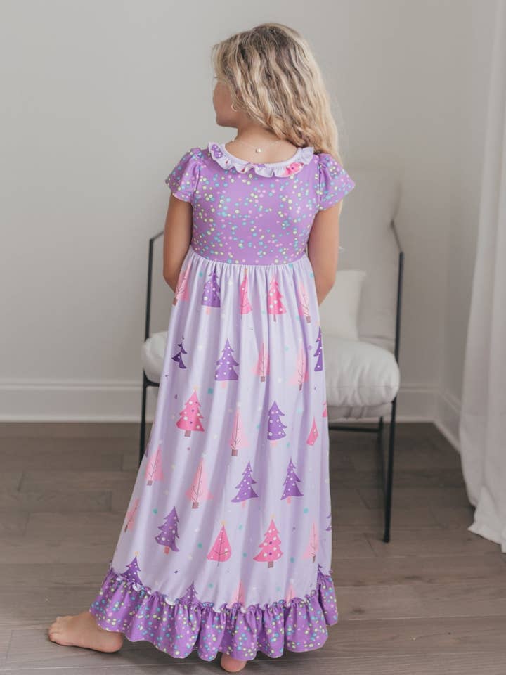 Oopsie Daisy - Wholesale Nightdress - Kids - Girls Purple Christmas Tree Holiday Ruffle Lounge Play Gown6