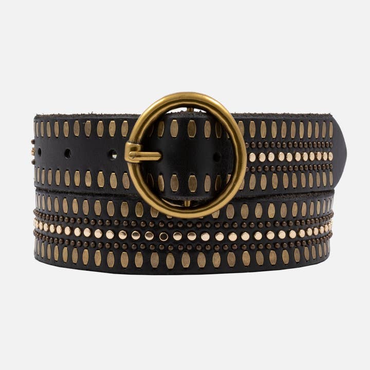 Amsterdam Heritage Leather Belts, Bags, Jackets & Apparel - Wholesale Belt - Women's - Soraya | Gold Circle Buckle Studded Leather Belt Women