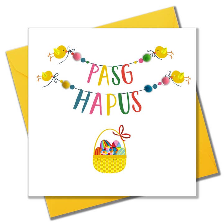 Claire Giles Ltd - Wholesale Easter Card - Welsh Easter Card, Pasg Hapus, Chicks with Bunting, Pompom Embellishe