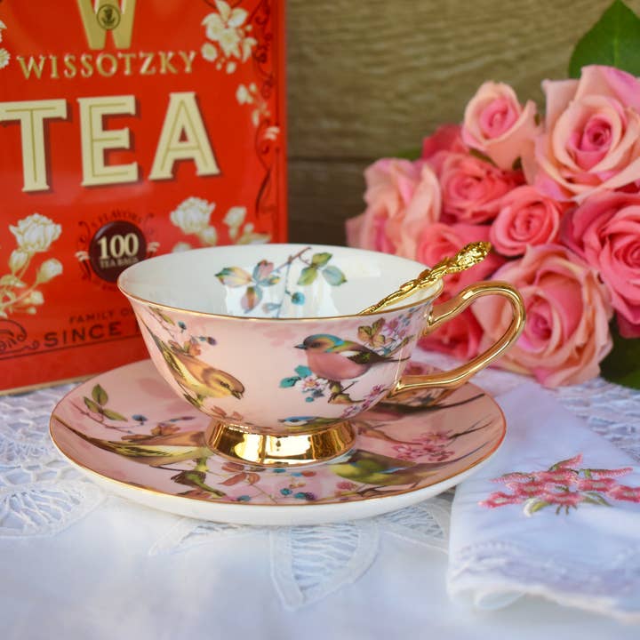Vintage Garden pink and Gold with Birds Teacup and Saucer for wholesale by All Little Cute Things