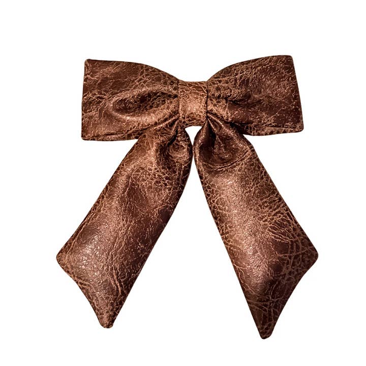 Brown Distressed Vegan Leather Bow Barrette for wholesale by BOHEMIAN GEMME