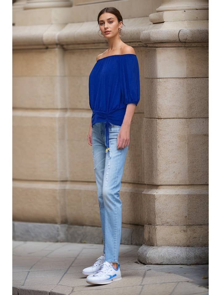 ROYAL BLUE JENNY HALF SLEEVE DRAW STRING TOP (ROYAL BLUE)- VT3418 for wholesale on Faire