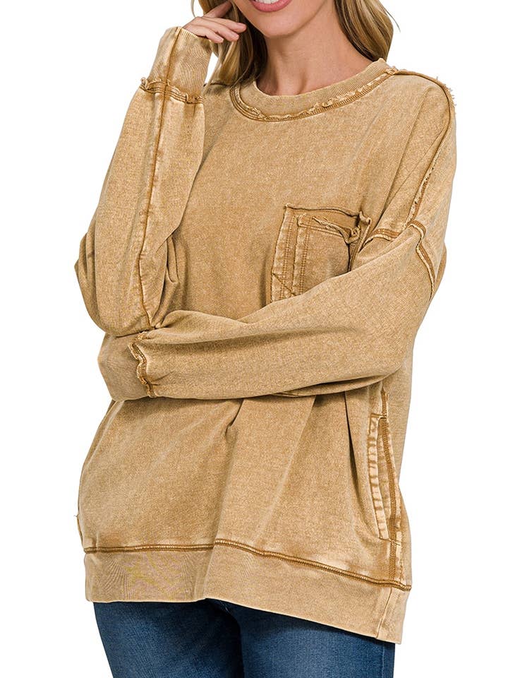 Pullover de bolso frontal F/Terry Acid Wash Raw Edge por atacado de Vanilla Monkey