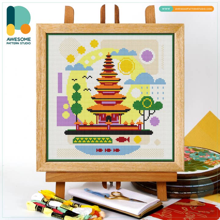 Awesome Pattern Studio – wholesale Embroidery/cross-stitch supplies – CS2367-1 Pura Ulun Danu Beratan, Counted Cross Stitch Kit