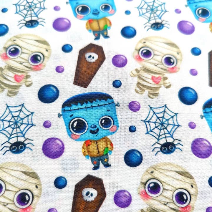 Cute Halloween Fabric, Kawaii Monsters Mummy, Vampire Spiderweb Fabric for wholesale by Kims Crafty Corner