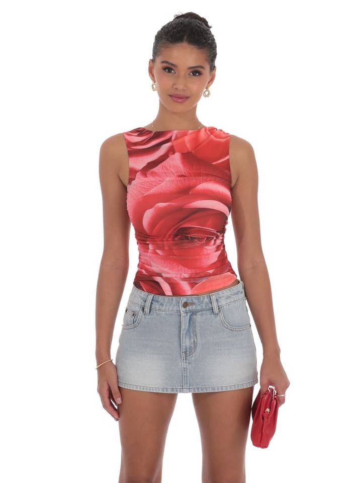 Mesh-Rose-Oberteil mit hohem Kragen in Rot für den Großhandel von Lucy In The Sky