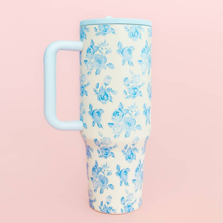 Rock Paper Scissors - Wholesale Insulated Mug/Tumbler - Cream & Blue Floral 40oz Tumbler with Spill Proof Lid
