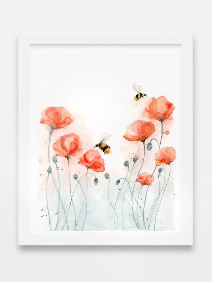 Poppies and Bees Watercolor Art Print for wholesale by Easy Sunday Club