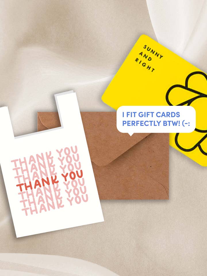 Thank You Bag Cut Out Mini Greeting Card for wholesale by Mew Doodles