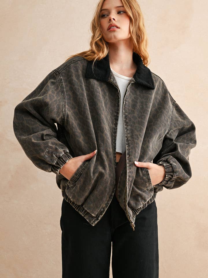 J5357 LEOPARDMÖNSTRAD BOMBERJACKA för wholesale av MIOU MUSE