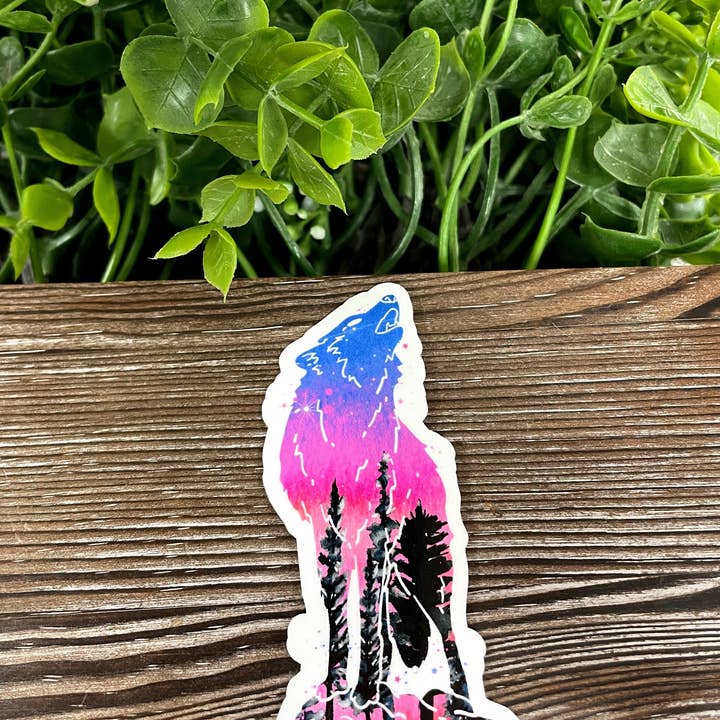 Standing Galaxy Wolf Silhouette w/ Trees, Die Cut Vinyl Sticker, Boho Fun, Water Resistant, Dog Mom Animal Lover, Pink and Blue |Sticker or Magnet for wholesale by Handmade by Marlayna