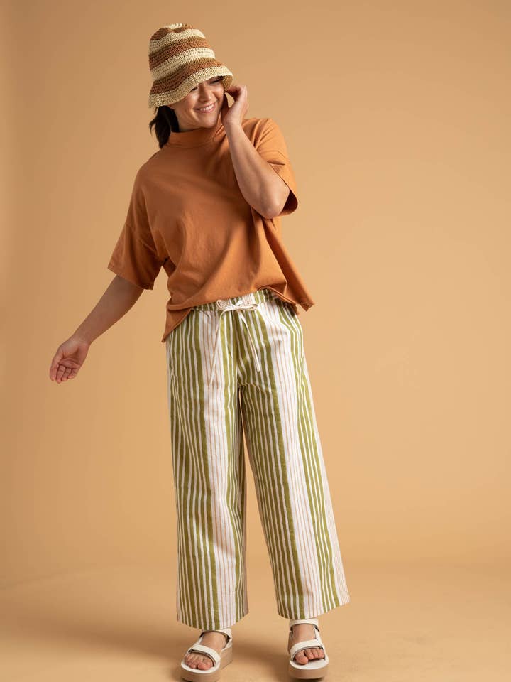 Shore Pant - Mixed Up Stripe Baked Clay & Olive Oil for wholesale by and for Good