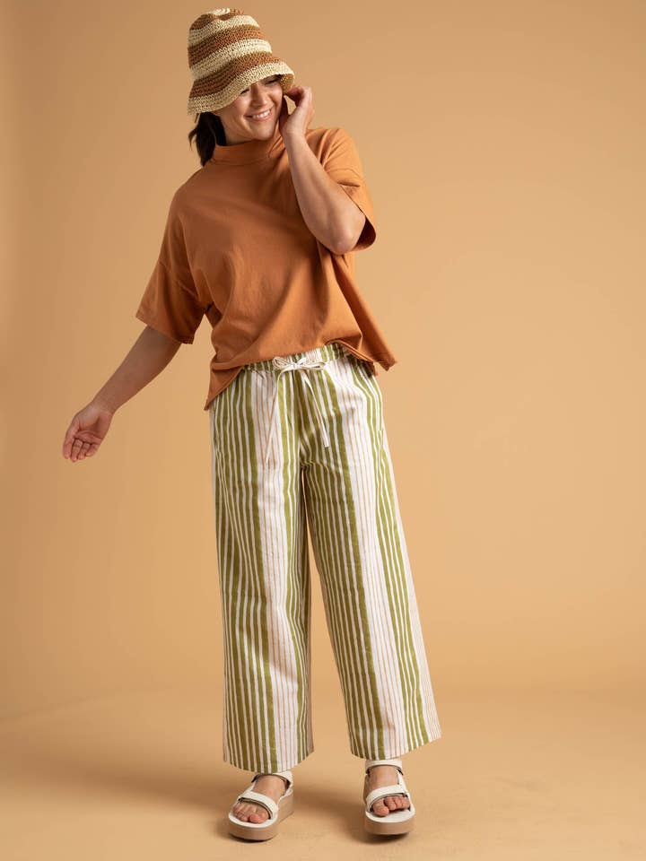 Shore Pant - Mixed Up Stripe Baked Clay & Olive Oil for wholesale by and for Good