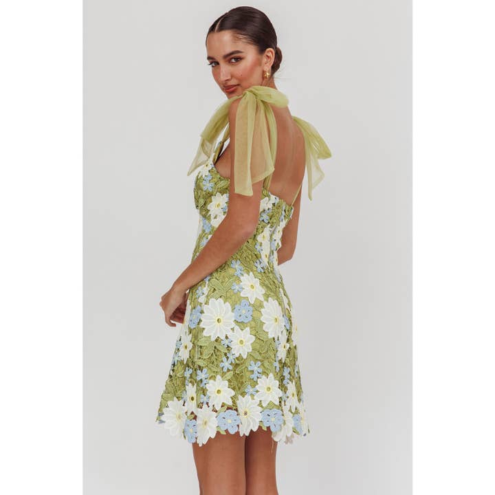 GREEN TULLE SHOULDER STRAP FLORAL MINI DRESS for wholesale on Faire