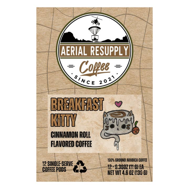 Breakfast Kitty Cinnamon Roll Flavored Coffee | 12 Count pods for wholesale by Aerial Resupply Coffee