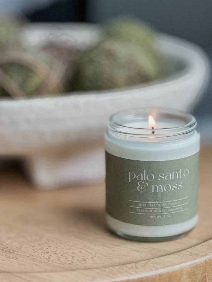 Palo Santo & Moss soy candle for wholesale by Soul Roots Wax Co.