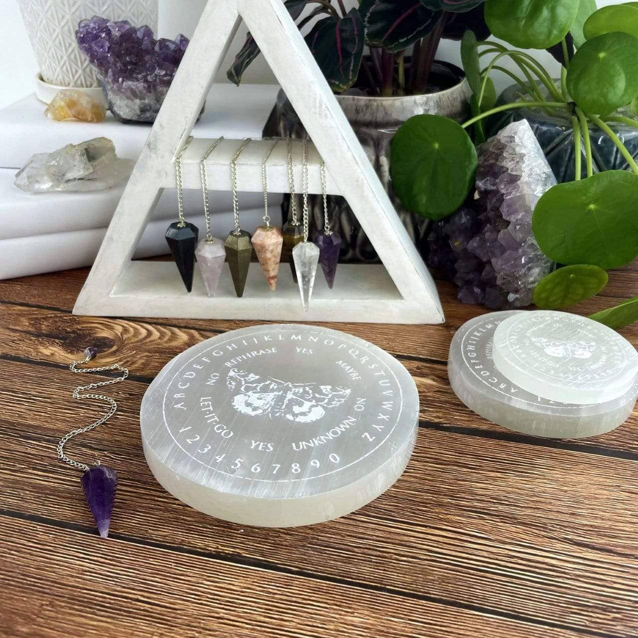 Rock Paradise - Wholesale Spiritual Stone/Crystal - Selenite Crystal Charging Plate with Moth Pendulum Board2