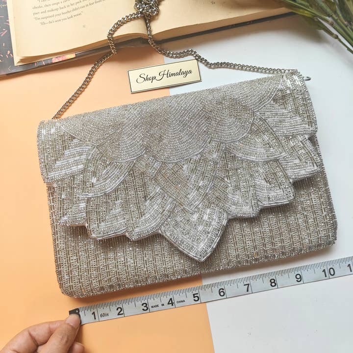 ShopHimalaya - Vente Pochette – femme - Pochette à Perles Argentée | Sac de Soirée Art Déco pour Mariée