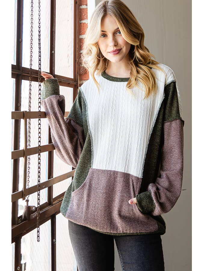 7th Ray - Wholesale Sweatshirt - Women's - Color Block Front Pocket Drop Shoulder Banded Hem Top T5348