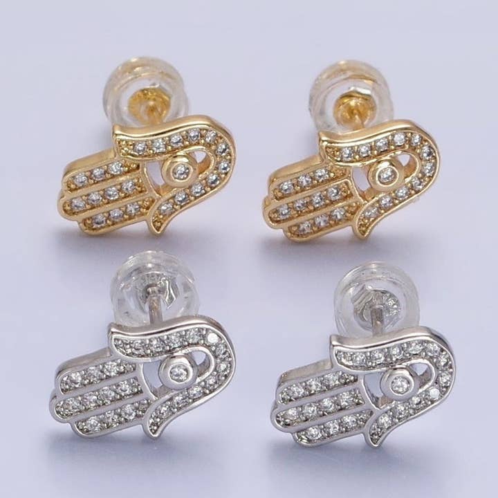 Brincos Hand Mal Olho Mal Gold, Prata Micro Paved Clear CZ Protection Hamsa Mão | AB1012 AB1013 por atacado de Aim Eternal
