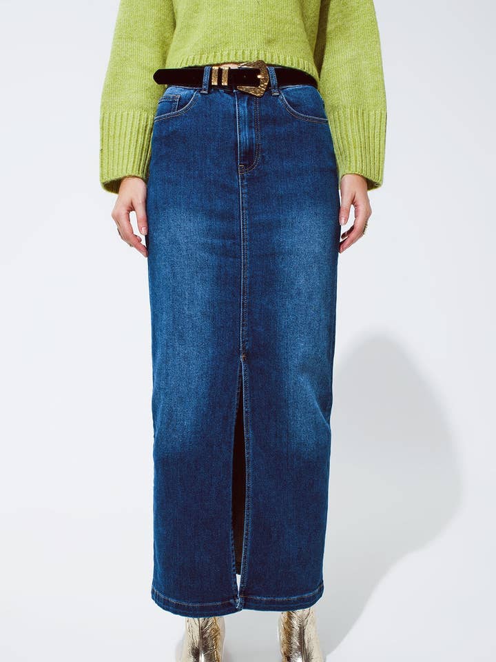 Stretch Denim Maxi Skirt With Slit At The Front In Mid Wash for wholesale by Q2 All Orders Free Duties for The US & UK
