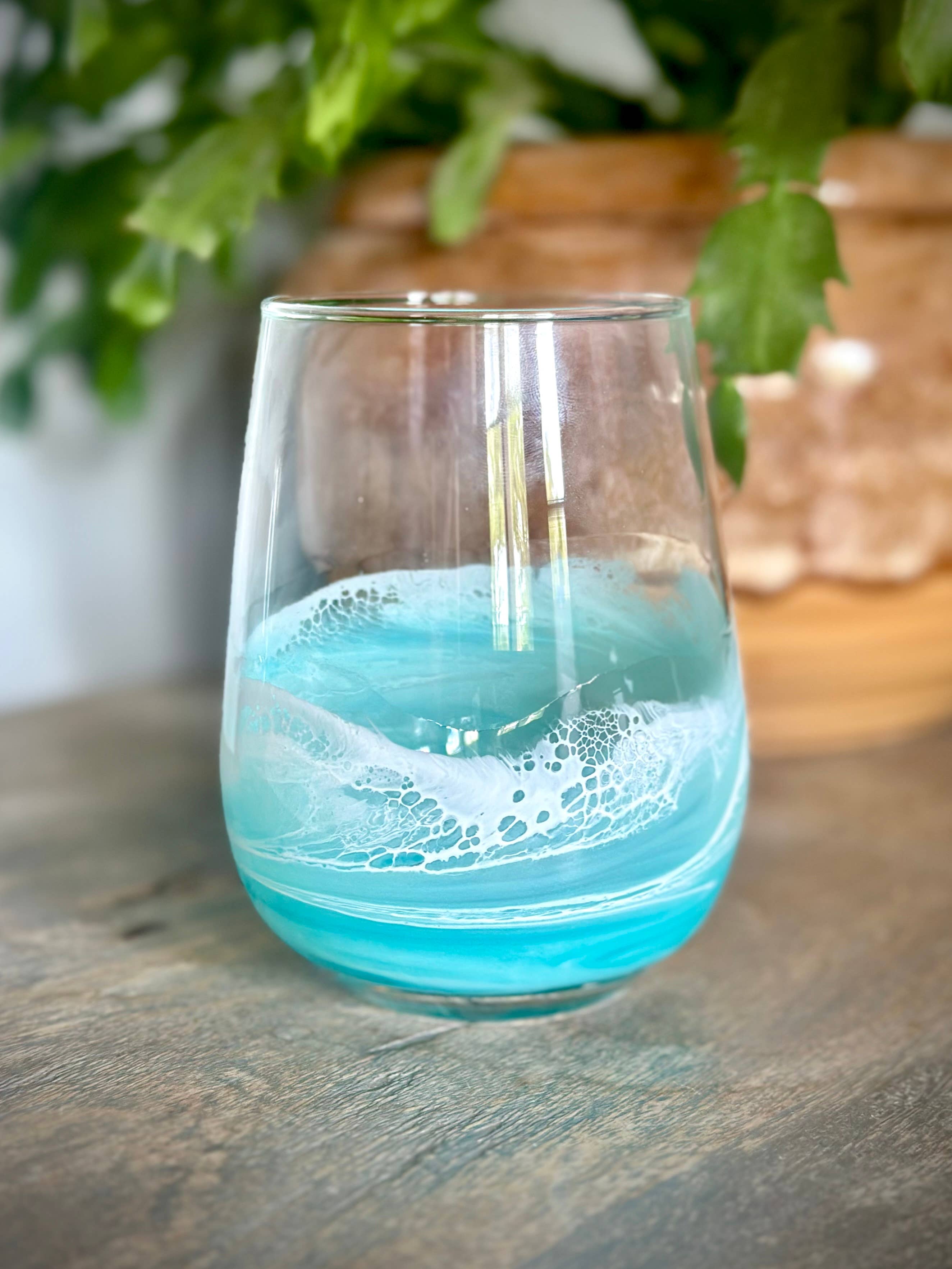 Artful Nests - Wholesale Wine Glass - Stemless Wine Glass with Resin Waves - Light Teal 5