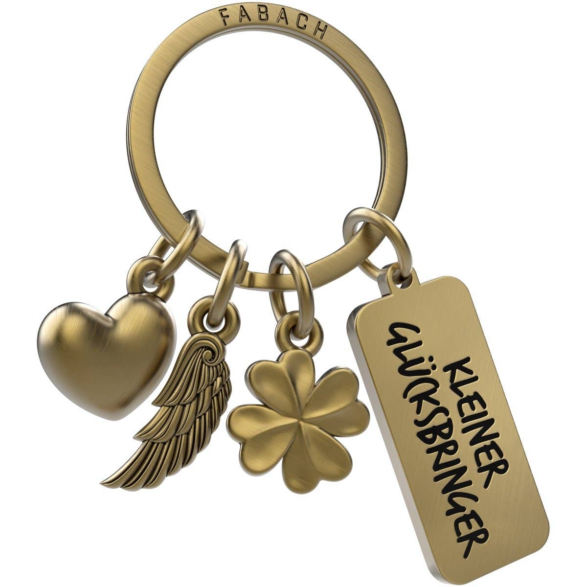 FABACH – Die Schlüsselanhänger-Schmiede – Großhandel Schlüsselanhänger – Unisex – "3 Charms" Schutzengel Schlüsselanhänger - Engel Herz Kleeblatt Glücksbringer mit Botschaft Gravur "Kleiner Glücksbringer"2