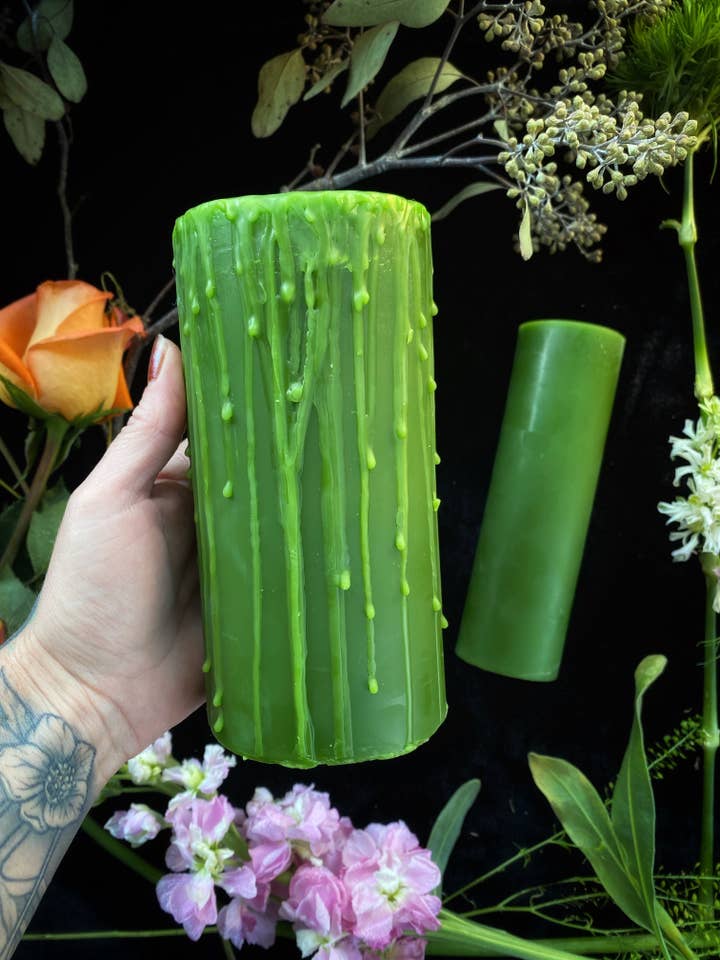 Green Beeswax Pillar Ritual Candles for wholesale by Keven Craft Rituals LLC