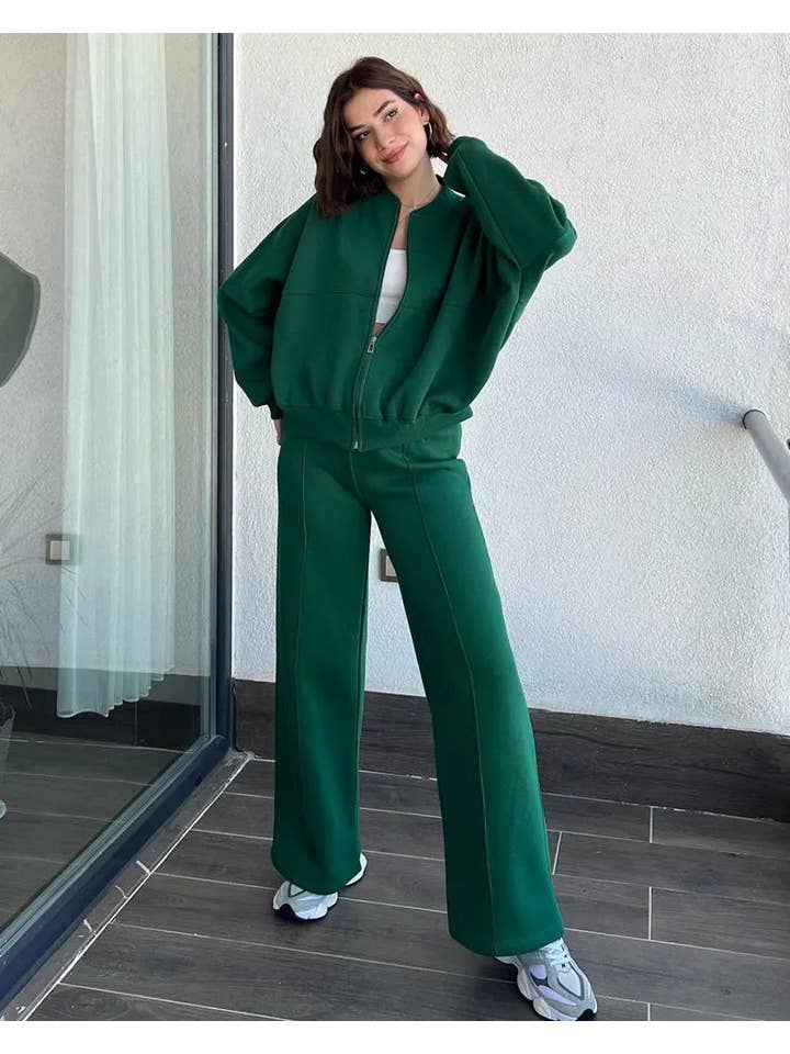 Vibesoothe - Venta al por mayor Conjuntos de top y pantalón (NO para estar en casa) - Mujer - Conjunto Urbano Chic - Cárdigan Verde con Cremallera y Pantalones