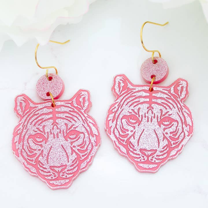 Pink Glitter Tiger Acrylic Earring Dangles, Animal Jewelry for wholesale by Momenti di Vita