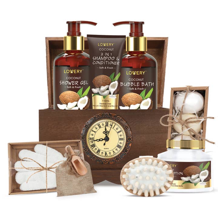 Lovery - Wholesale Bath & Body Set - Bath Gift Set in a Vintage Style Wooden Clock Box, 13pc Set