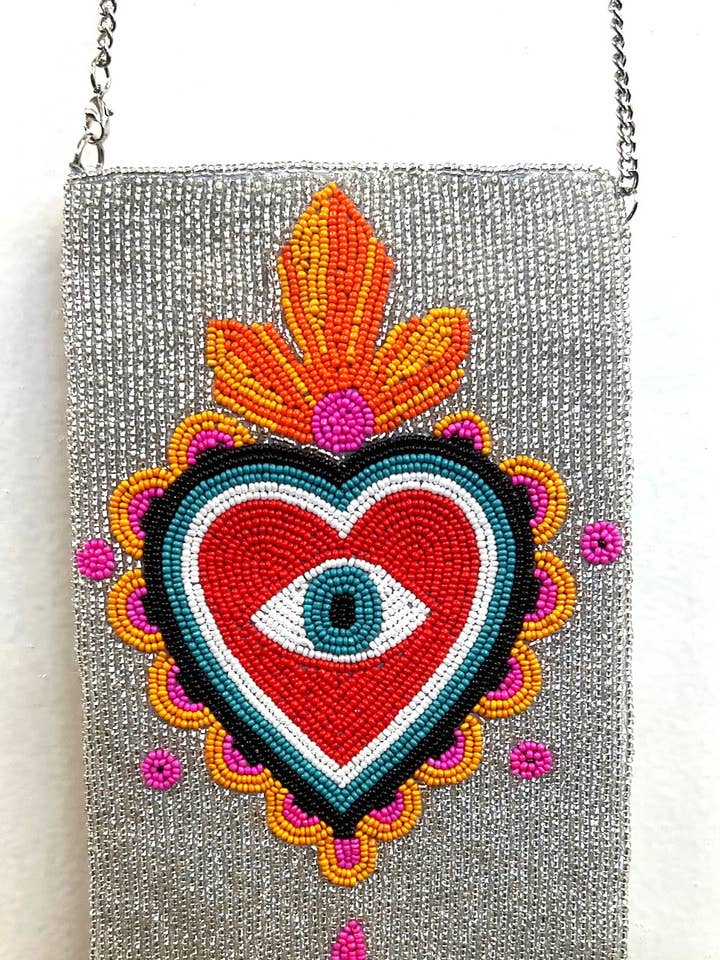 CELL PHONE CROSSBODY BEADED BAG HEART for wholesale by Ricki designs