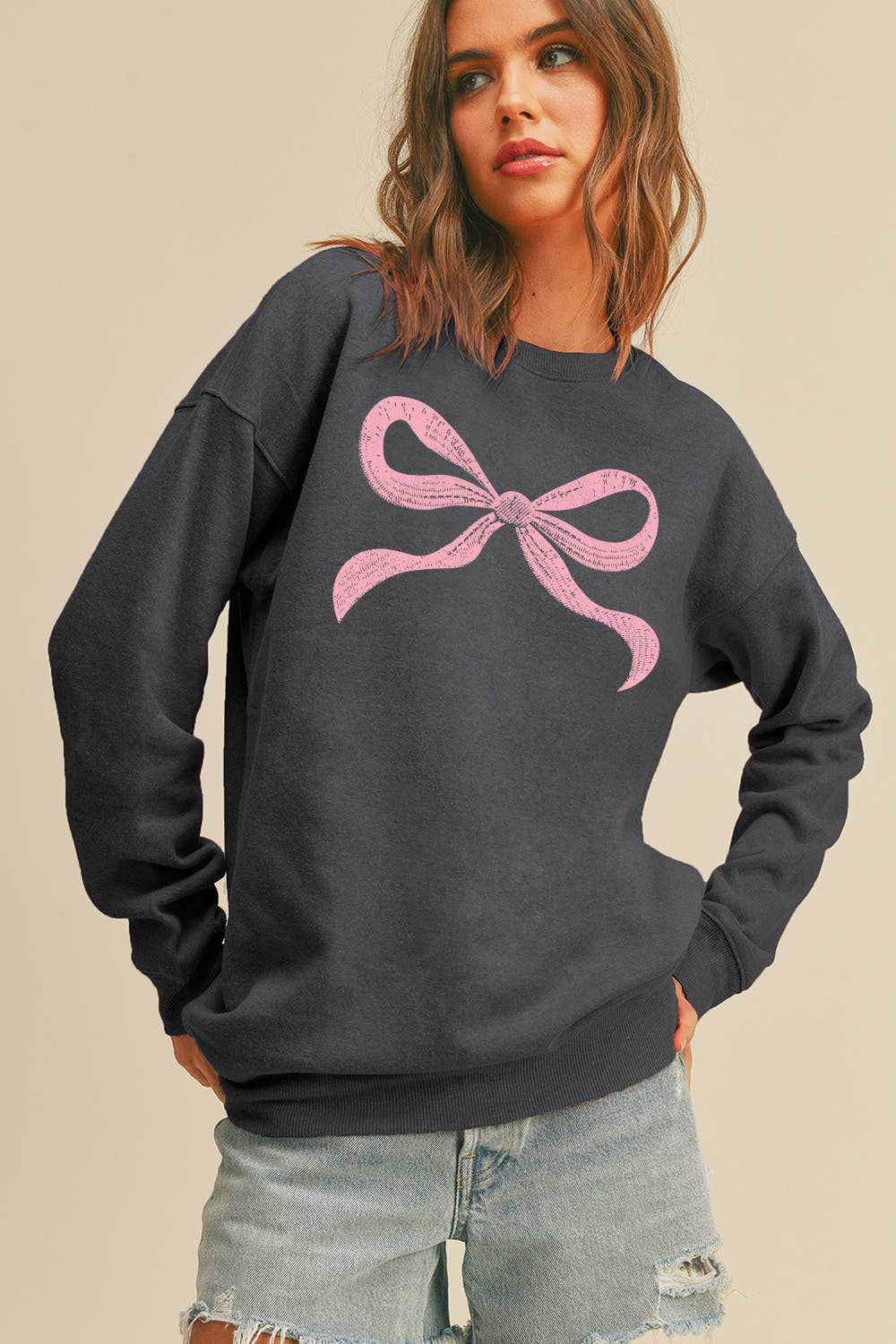 Honestee - Venta al por mayor Sudadera estampada - Mujer - Sudadera gráfica de manga larga con lazo0