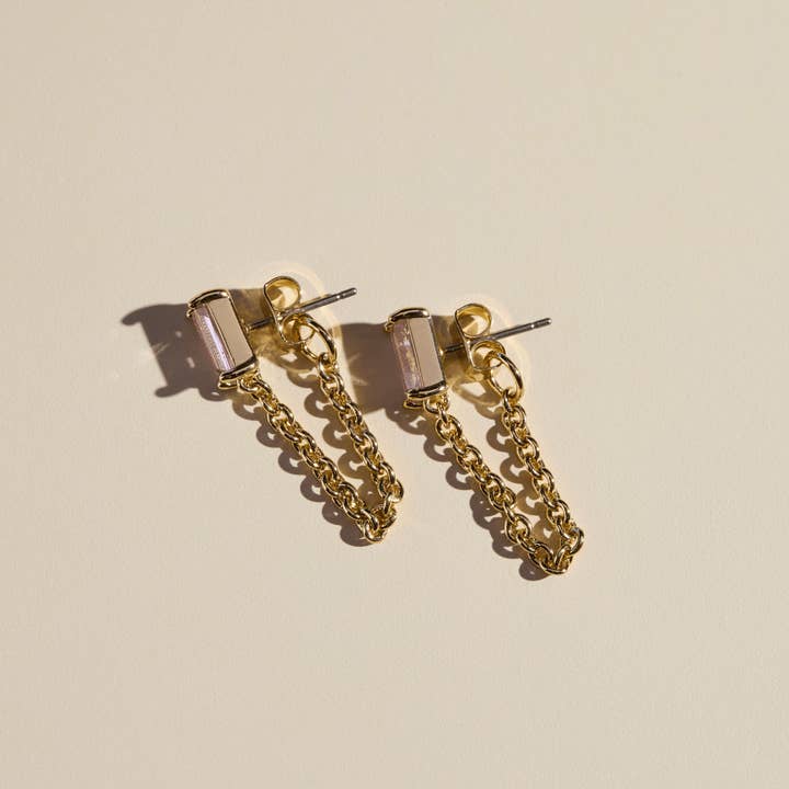 Pink Baguette Chain Drop Studs for wholesale by Nickel and Suede