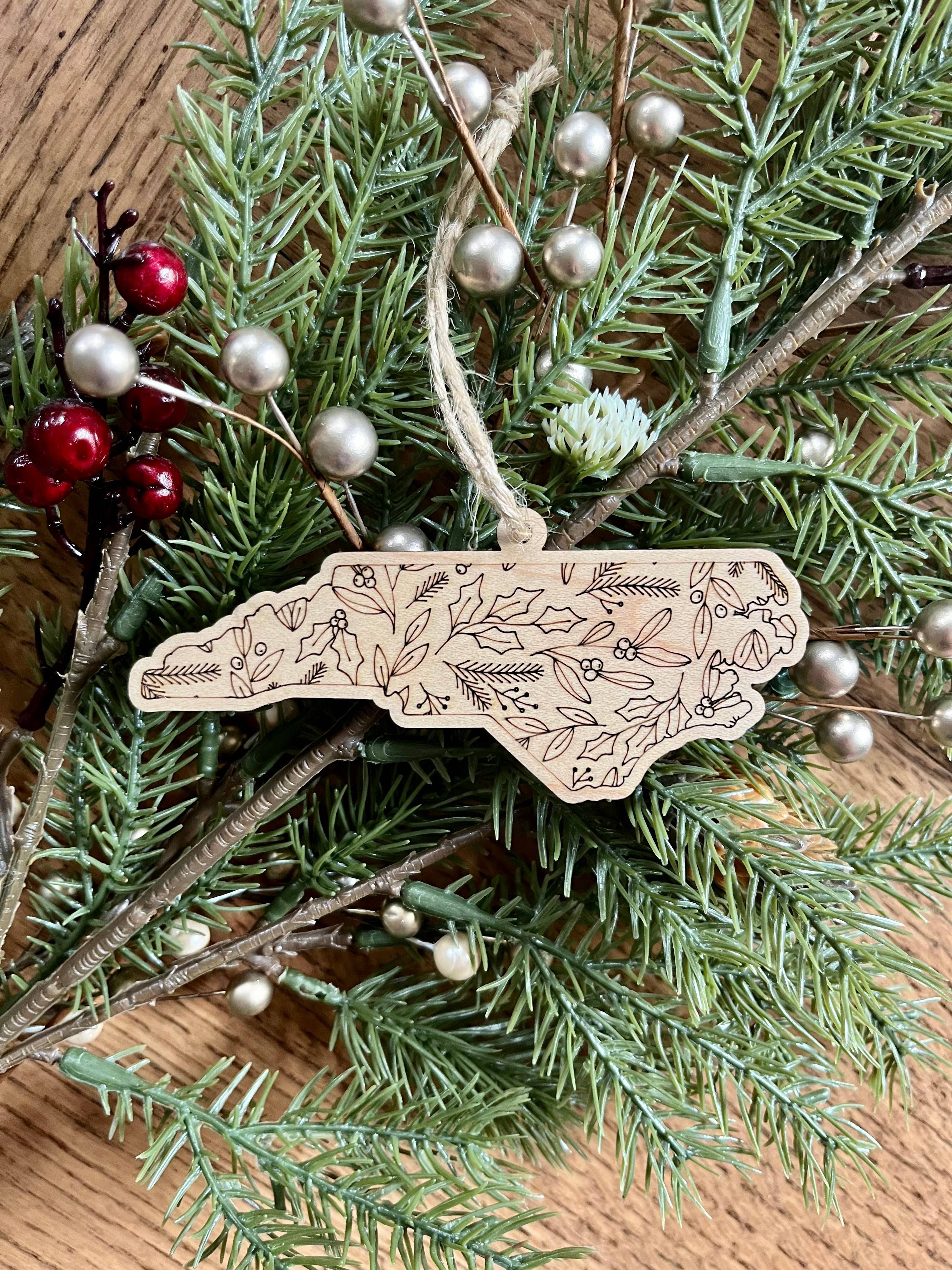 Rustic Raleigh - Wholesale Ornament - North Carolina Christmas Floral Wooden Christmas Ornament 3