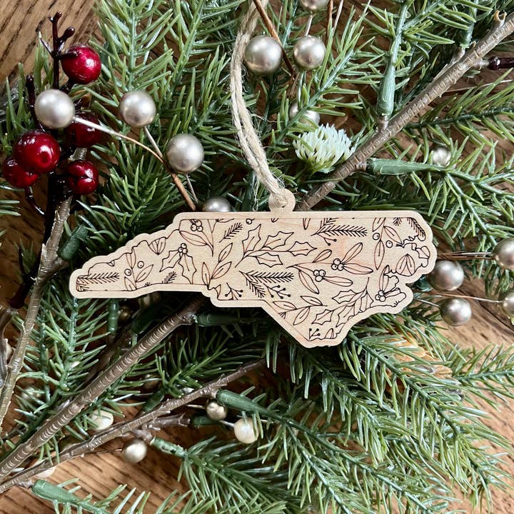 Rustic Raleigh - Wholesale Ornament - North Carolina Christmas Floral Wooden Christmas Ornament 3