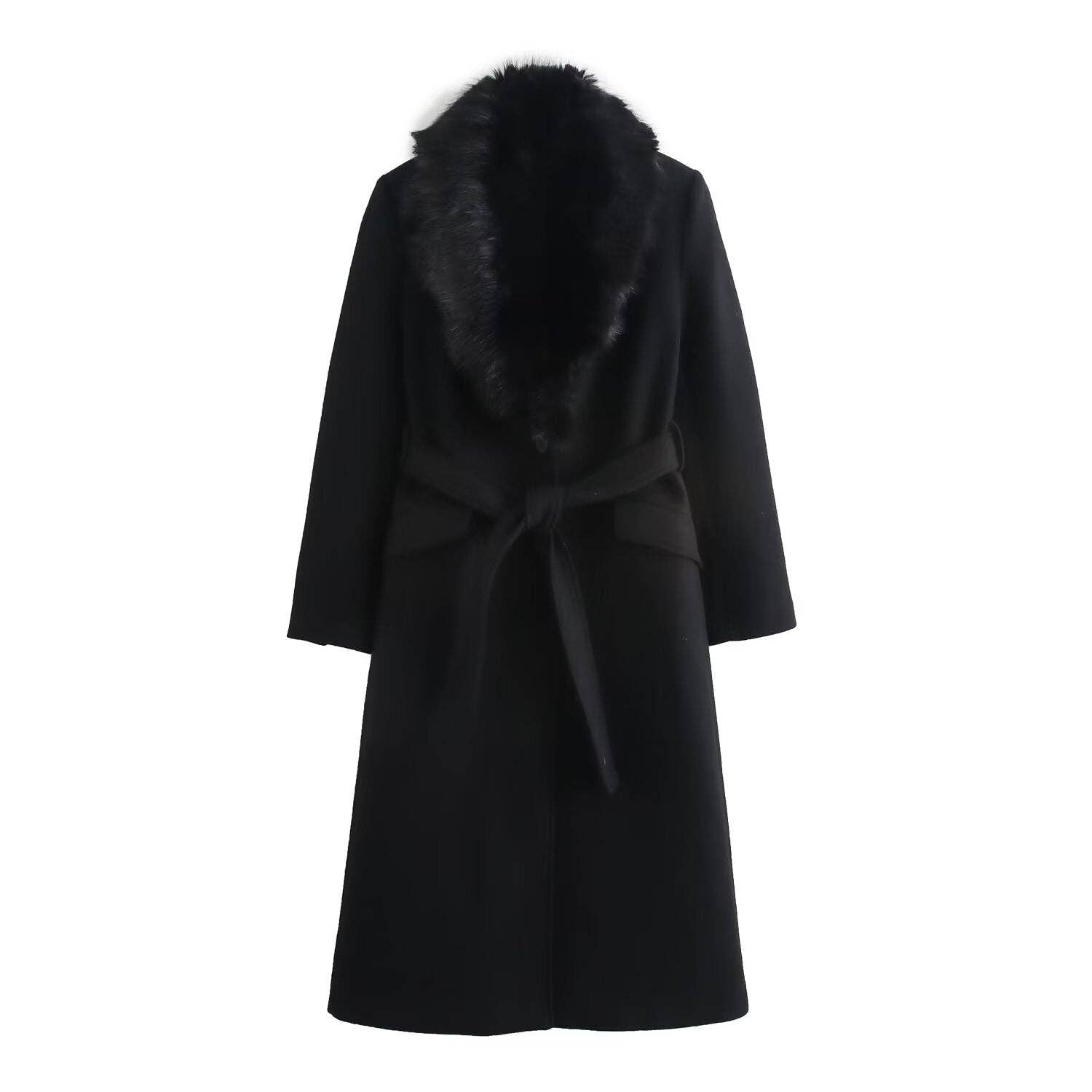 Marayn – wholesale Fur/faux fur coat – Women's – Chic Faux Fur Collar Belted Wool Coat 2025 Spring3