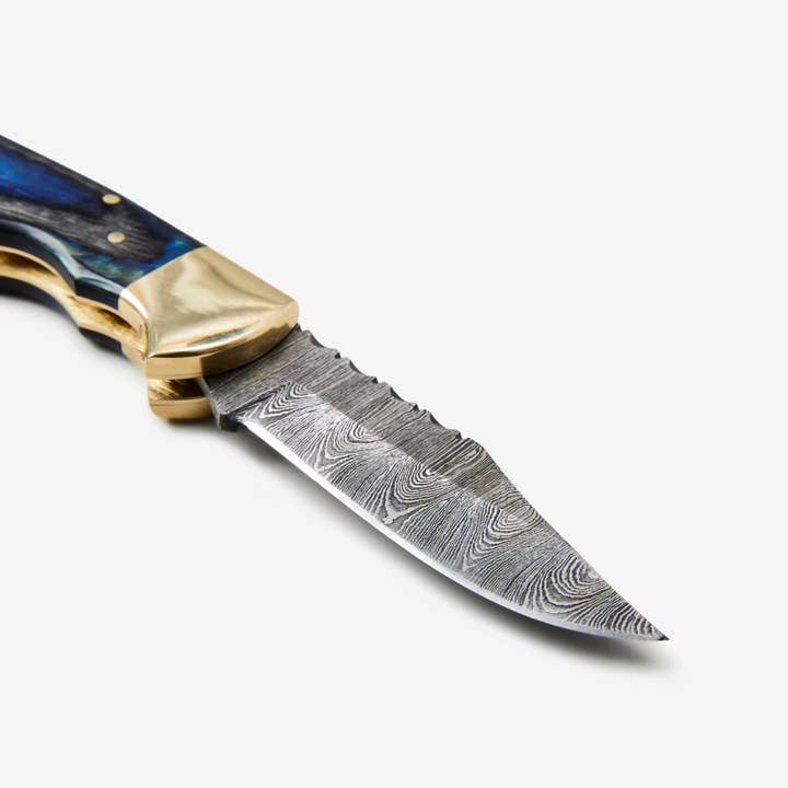Titan International - Wholesale Pocket Knife/Holder - Blue Diamond Wood folding knife with Leather Sheath