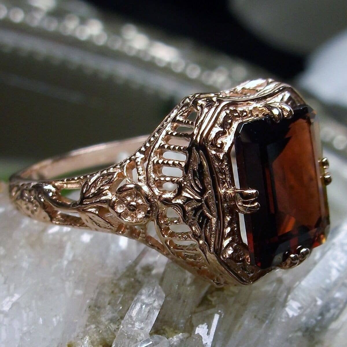 Silver Embrace Jewelry - Wholesale Cocktail/gelegenheidsring - Natuurlijke granaat roségouden edwardiaanse bloemen filigraan ring #1488