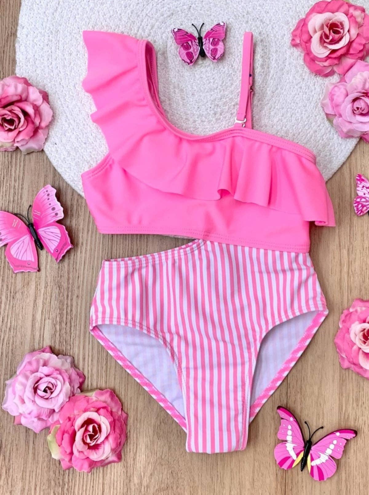 Pink Swimsuit w/ Stripe Details, Cut-Outs, & Ruffles for wholesale on Faire4