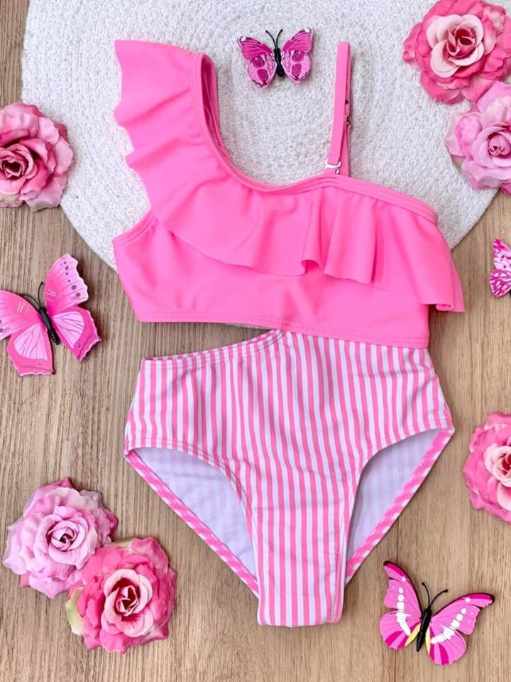 Pink Swimsuit w/ Stripe Details, Cut-Outs, & Ruffles for wholesale on Faire4