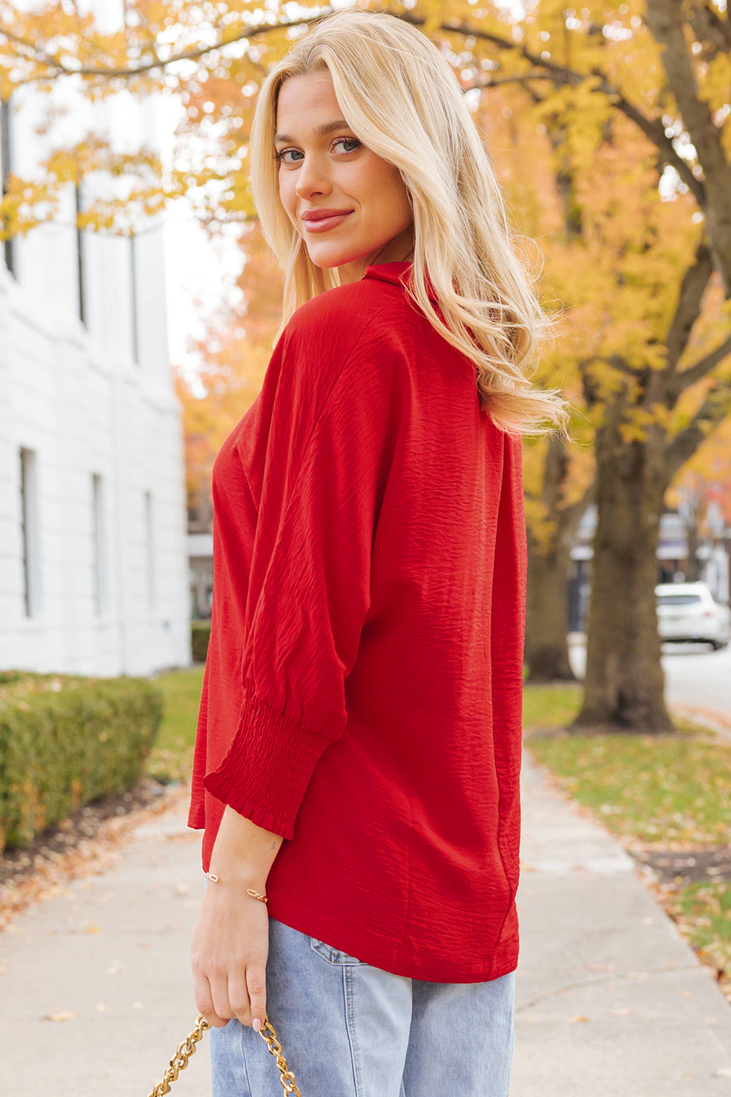 As shown Red Shirred Collared 3/4 Sleeve Oversize Tunic Top  | S-4X for wholesale on Faire2