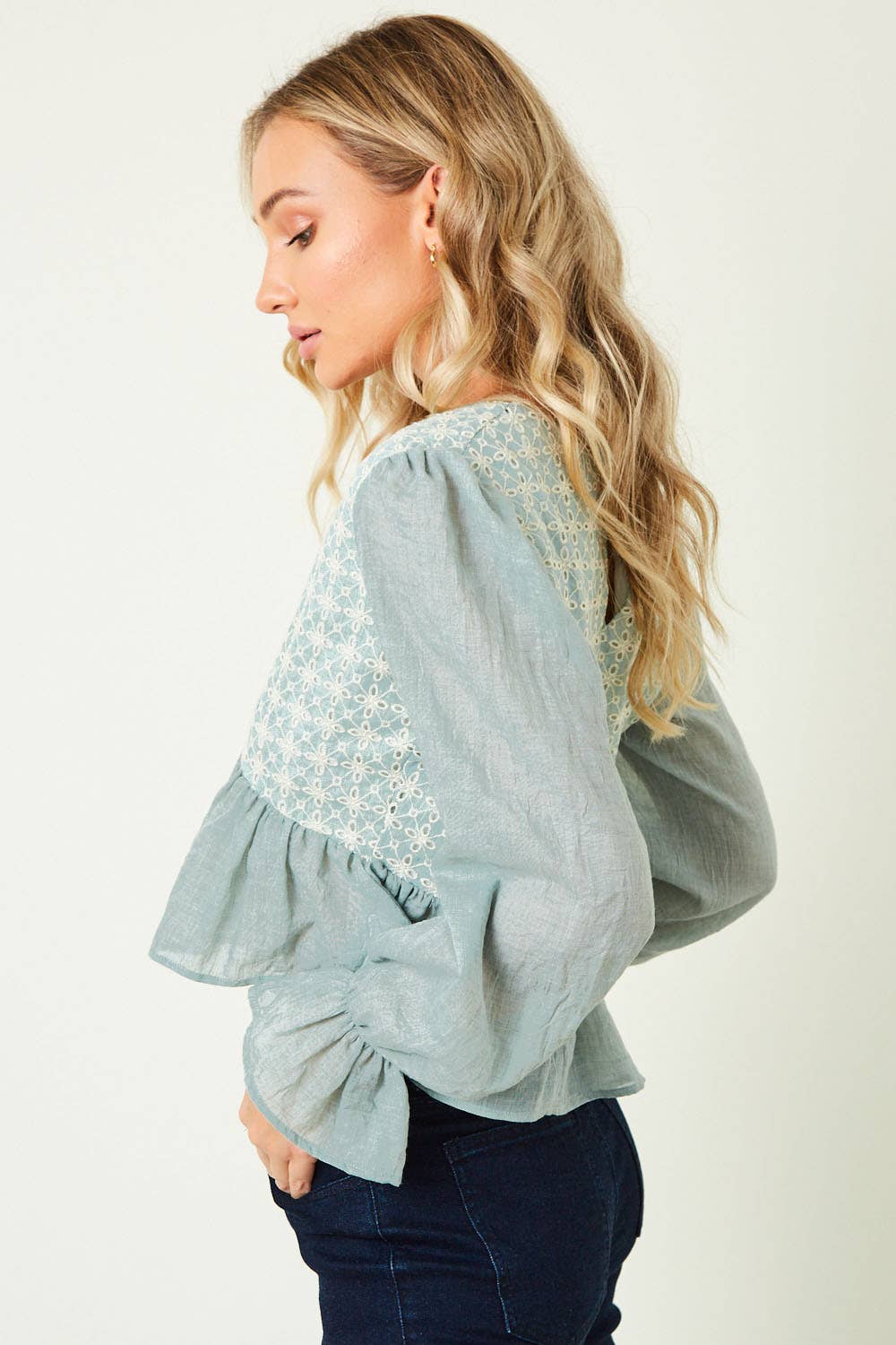 Saints & Hearts - Wholesale Blouse - Women's - ST3319A SAGE EYELET CONTRAST V NECK TOP2